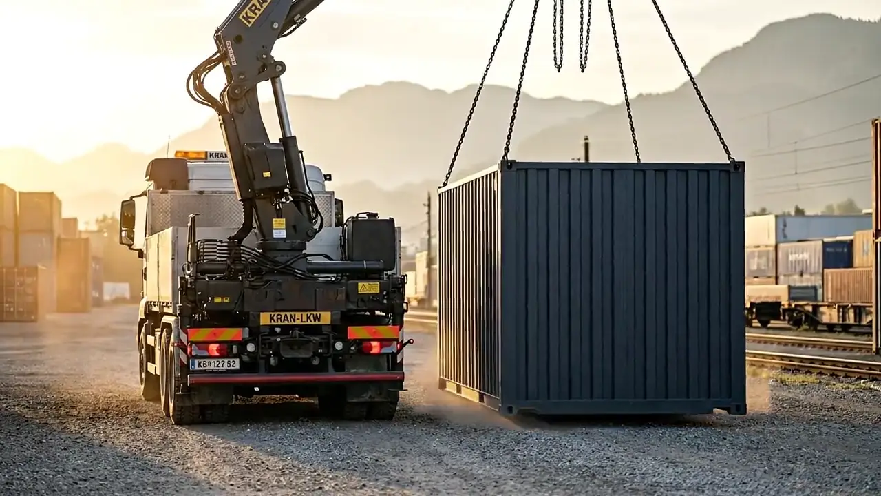 Kran-LKW liefert Lagercontainer an